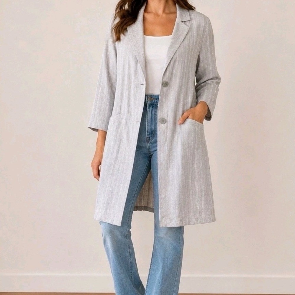 J. Jill Womens Gray White Striped 100% Linen Longline Blazer Duster Jacket M